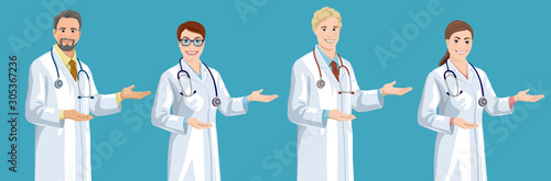 Set of smiling young and middle-aged European doctors. Handsome men and cute women wearing a lab coat stands and points sideways by hand palm. Isolated vector illustration