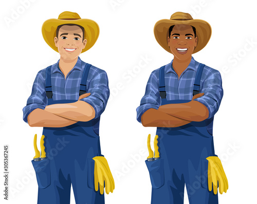 Set of European and African American farmers wearing checkered shirt, overall and hat stands with arm crossed. Vector illustration isolated on the white background.