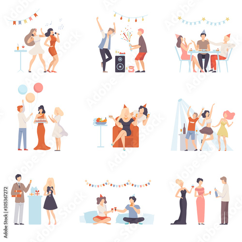 Holidays And Events, People Having Fun At Party, Singing, Congratulating Each Other Vector Illustration Set Isolated On White Background