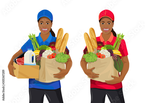 Set of young African American delivery woman. Smiling female couriers wearing t-shirt and cap holding paper bag and box with products. Food delivery service concept. Vector isolated on white backgroun