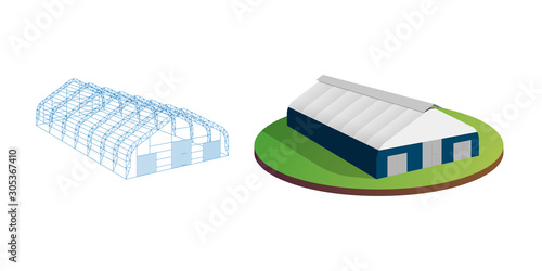 Awning tarpaulin tent temporary wireframe exhibition tunnel hall aircraft hangar. Barn construction building industrial warehouse. Vector isometric 3d illustration