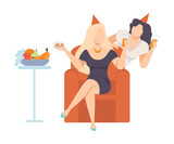 Two Attractive Stylish Women With Glasses Of Wine On The Party Vector Illustration Cartoon Character