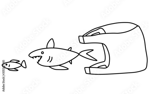 Environmental pollution. A plastic bag at sea kills fish. Vector.