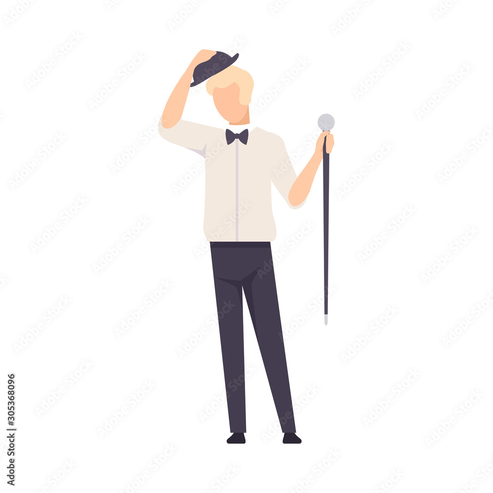 Man In Shirt And In Hat And With Cane Greeting Audience Vector Illustration Isolated On White Background
