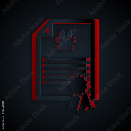Paper cut Medical certificate for travel with dog or cat icon isolated on black background. Document for pet. Dog or cat paw print. Paper art style. Vector Illustration