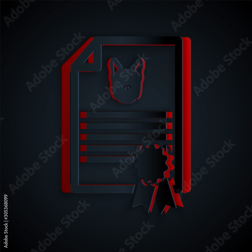 Paper cut Medical certificate for travel with dog or cat icon isolated on black background. Document for pet. Dog or cat paw print. Paper art style. Vector Illustration