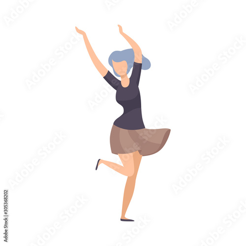 Girl With Blue Hair And In Short Skirt Cheerfully Dancing At Party Vector Illustration Isolated On White Background