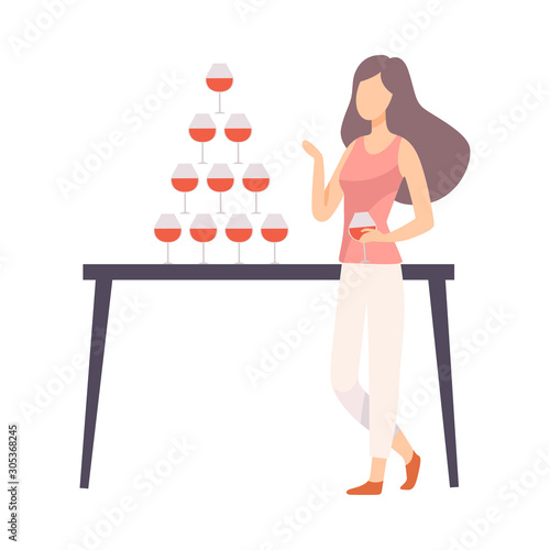 Girl In Casual Style Clothes At Banquet Or At Party Vector Illustration Isolated On White Background
