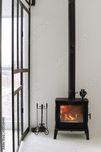 Modern Black Metal Fireplace Burning Wood Fire