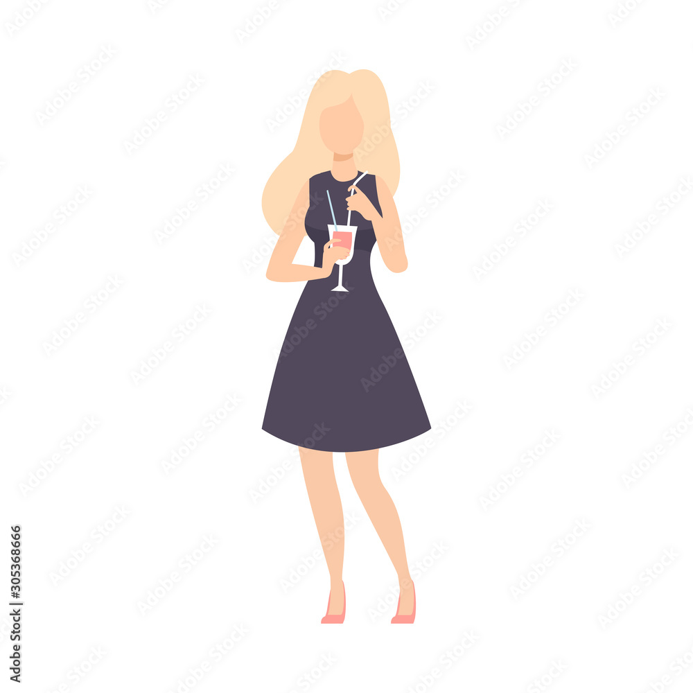 Young Woman In Little Black Dress Stands With Glass Of Wine Vector Illustration Young Woman In Little Black Dress Stands With Glass Of Wine Vector Illustration