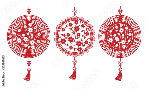 Set of three red Chinese amulets on a white background. Highly realistic illustration.