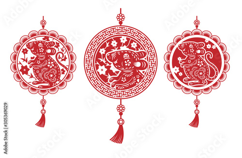 Set of three red Chinese amulets on a white background. Highly realistic illustration.