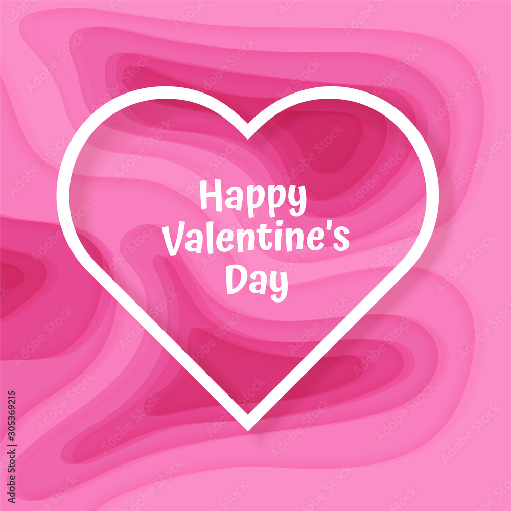 Happy Valentines Day card, with background with deep pink color paper cut design, Vector illustration