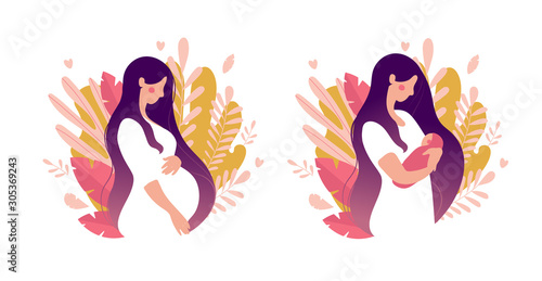 Set of illustrations about pregnancy and motherhood. Pregnant woman with tummy on a background of leaves. Girl with a newborn baby on a natural background. Flat stock vector illustration isolated on a