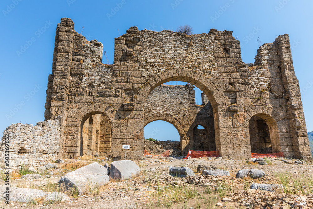 Aspendos or Aspendus, an ancient Greco-Roman city in Antalya province of Turkey. The Basilica