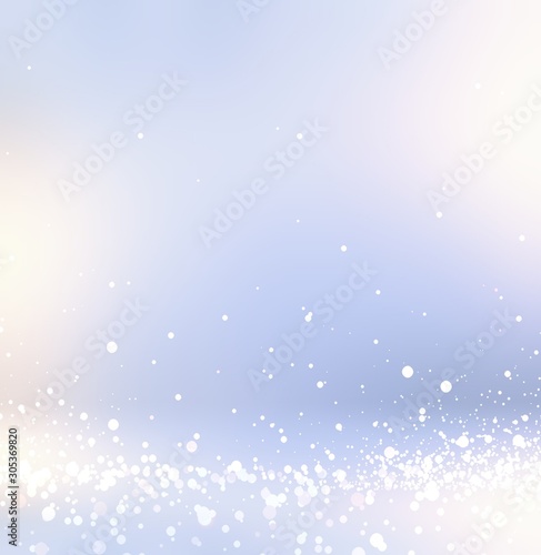 Sequins and sparkles on light blurred background. Empty pale violet interior. Glitter on floor. Abstract winter texture. 3d illustration room. Festive style.