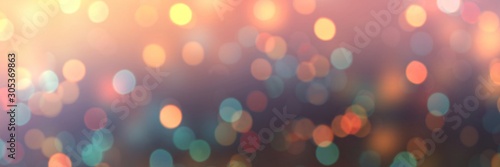 Bokeh vibrant orange violet banner. Blurred texture glitter. Empty template holiday. Abstract sparkles background. Defocused confetti pattern. 