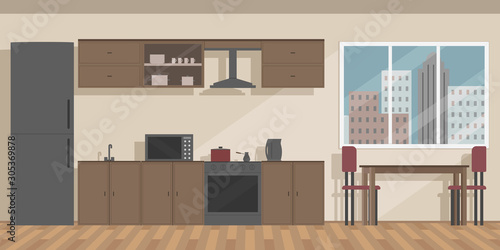 Kitchen set  fridge  oven and cooker hood. Vector illustration.