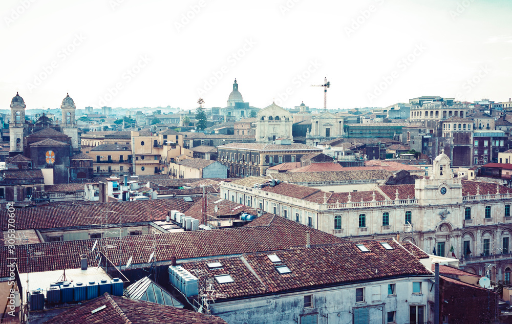 Catania rooftops, aerial cityscape, traditional architecture of Sicily,  Southern Italy.