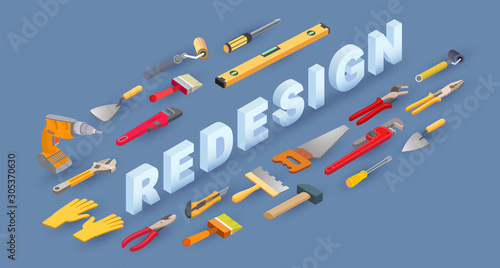 Isometric Construction tools, word Redesign. House repair services concept. Vector.