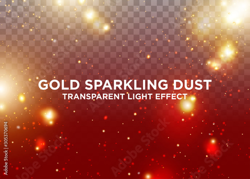 Transparent Light Effect. Gold Sparkling Dust. Design Element for Christmas Celebration. Lens Flare Overlay. Magic Luminous Particles with Bokeh Effect.