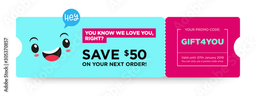 Vector Gift Voucher with Coupon Code. Fast Food Restaurant Certificate Template with Cute Funny Asian Character. Japanese Kawaii Design with Happy Face Emoji. Discount Offer Graphic with Promo Code.