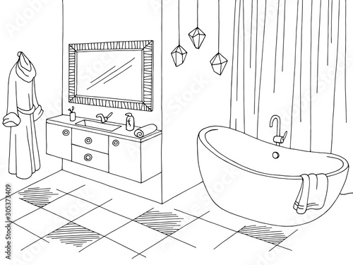 Bathroom graphic home interior black white sketch illustration vector