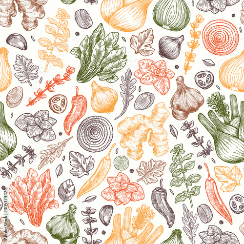 Herbs and spices seamless pattern. Ginger, spinach, onion, pepper, garlic, fennel. Packaging background. Vector illustration