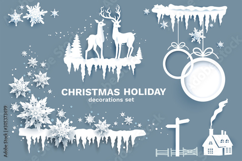 Fototapeta Naklejka Na Ścianę i Meble -  Snowflakes, stars, ice, sphere and deer