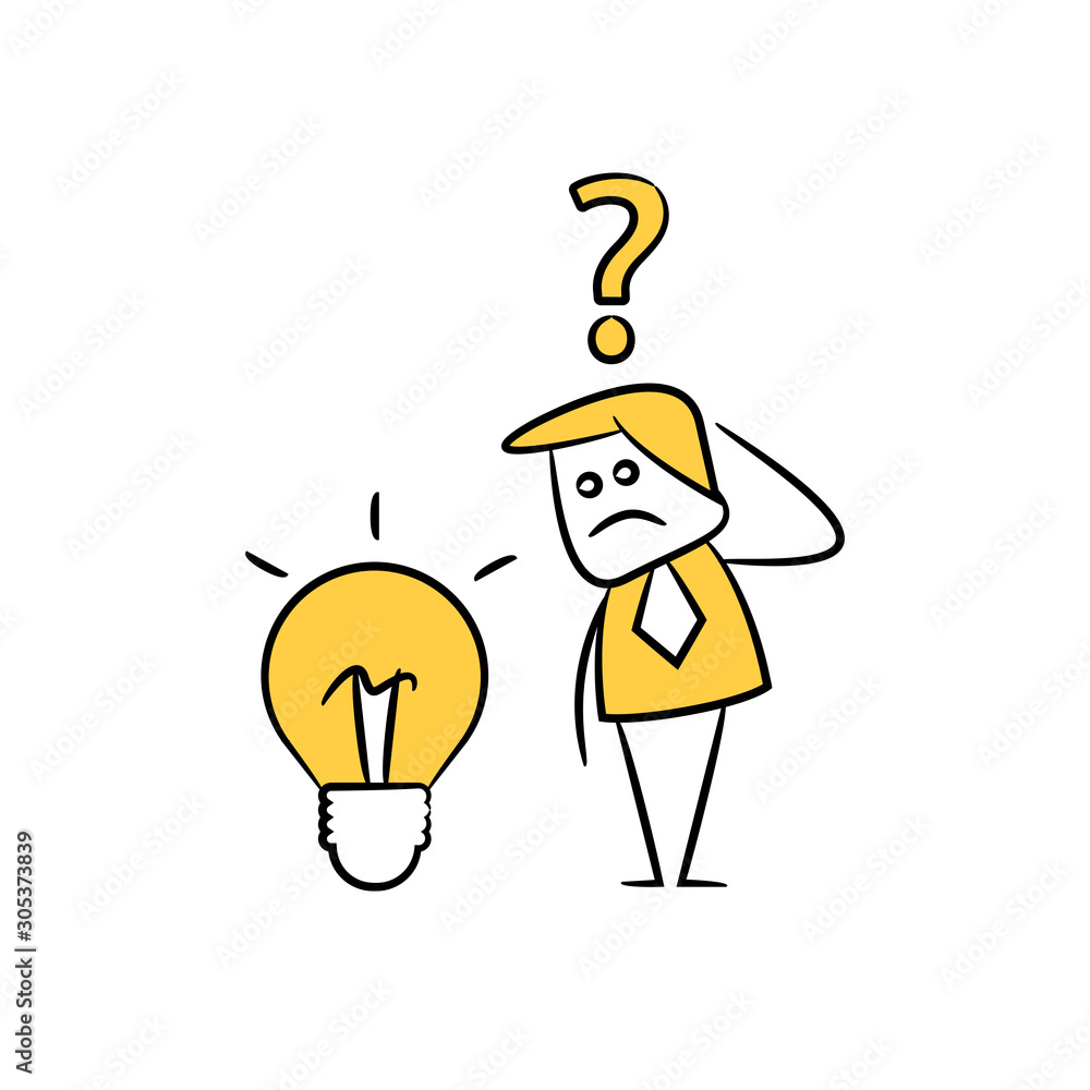 businessman looking light bulb with question mark with confused