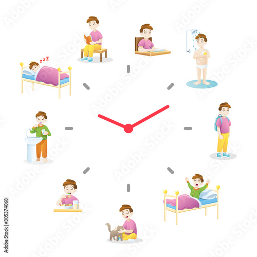 Daily routine with simple watch. Children daily routine activities, A Cute Boy in different situations