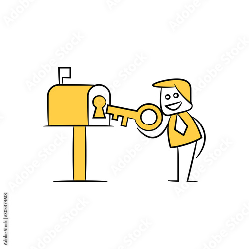 businessman holding key unlock mailbox yellow stick figure