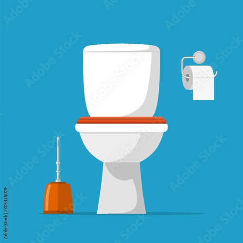 White ceramics toilet, toilet paper and toilet brush. modern toilet set in flat style. Vector illustration