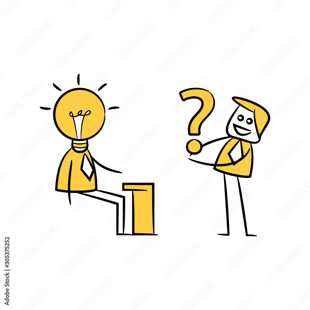 businessman holding question mark and mister idea yellow stick figure businessman holding question mark and mister idea yellow stick figure