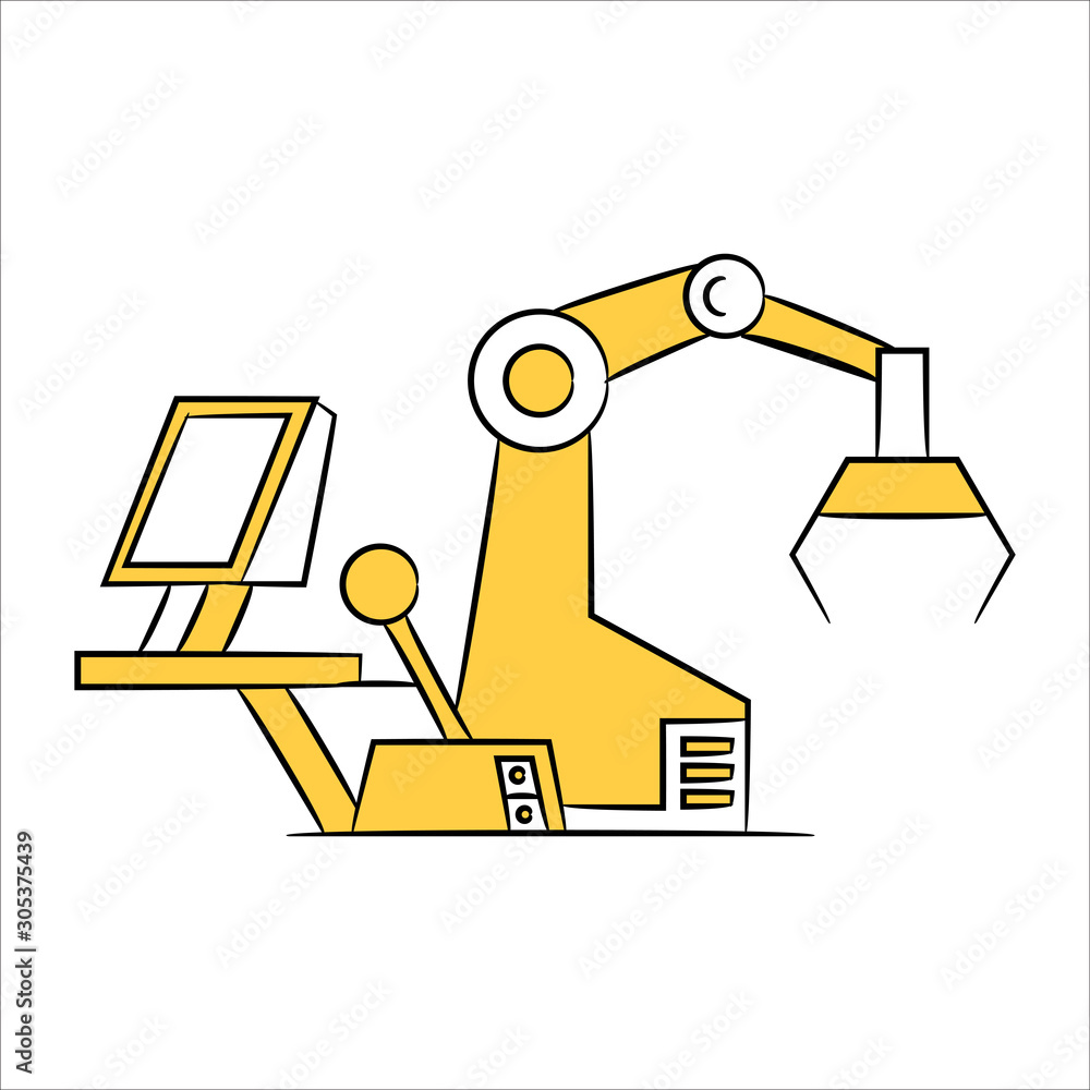 robotic arm, machine and monitor screen in manufacturing process, yellow hand drawn robotic arm, machine and monitor screen in manufacturing process, yellow hand drawn