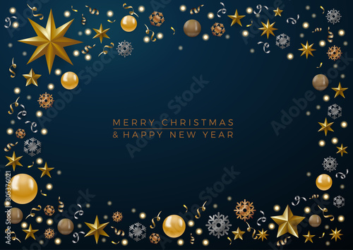 Christmas decorations with copy space in a frame and text on blue background