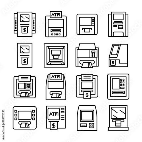 ATM, money machine icons set line design