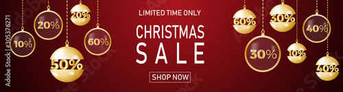 Christmas holiday sale on red background with balls. Limited time only. Template for a banner, shopping, discount. Vector illustration for your design