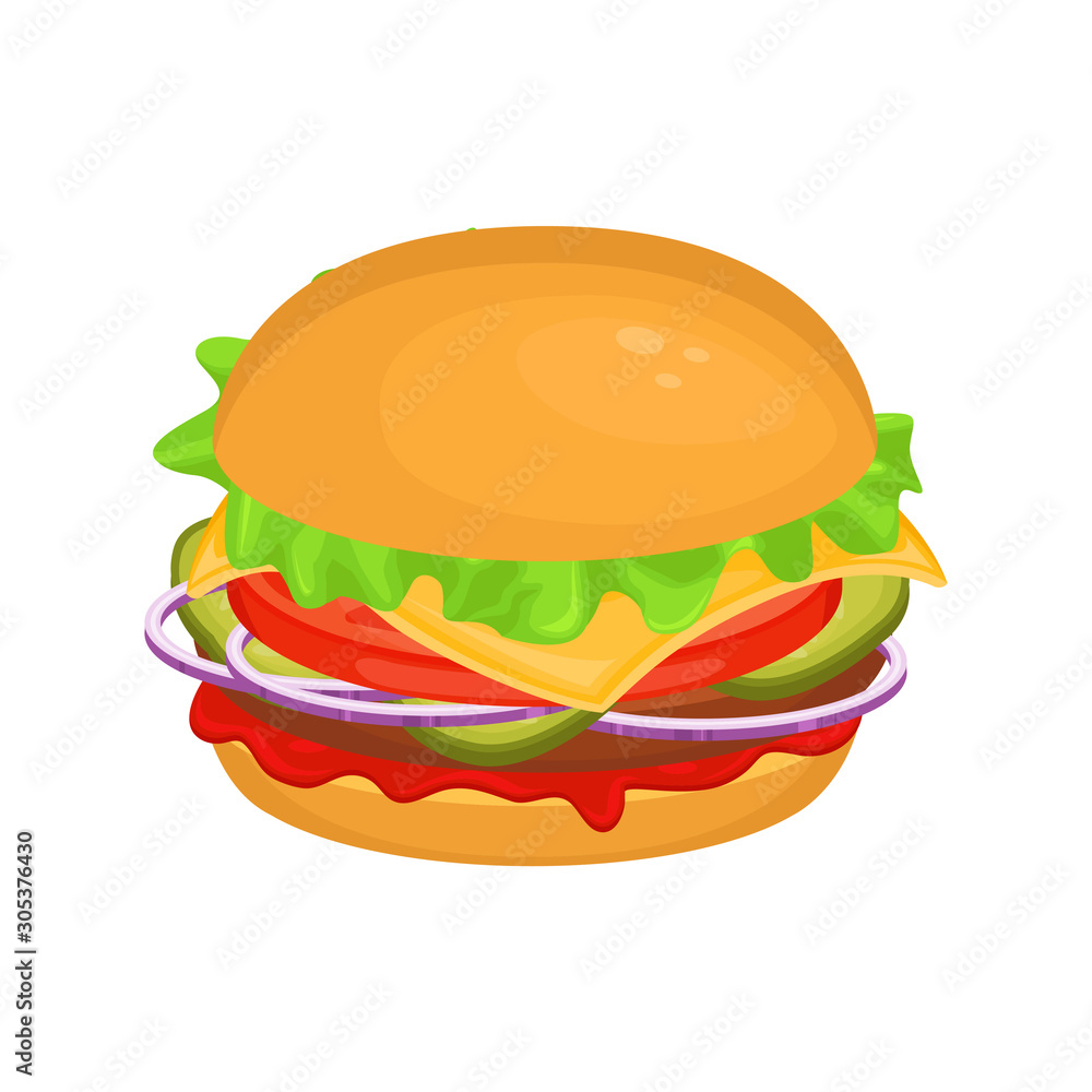 Delicious hamburger with cutlet. Vector illustration of fast food. Junk food. Delicious hamburger with cutlet. Vector illustration of fast food. Junk food.