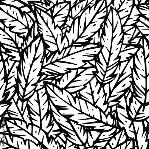 Fototapeta Naklejka Na Ścianę i Meble -  Vector black and white seamless pattern. Abstract leaves or feathers. Nature elements decoration. Wallpaper background. Template for linen, textile, napkins, clothes,upholstery. Graphic design artwork