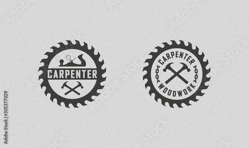 Color illustration set of carpenter logos on a background with texture. Vector illustration of a planer, circular saw, crossed hammers and chain with text. Professional carpenter services.