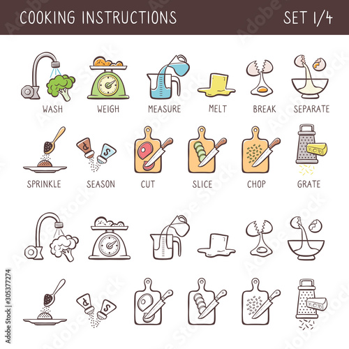 Set of 12 hand drawn cooking icons in two versions: doodle and colorful with descriptive name. Perfect for cookbooks and explain recipes. Vector icons isolated on white background. Set 1 of 4.