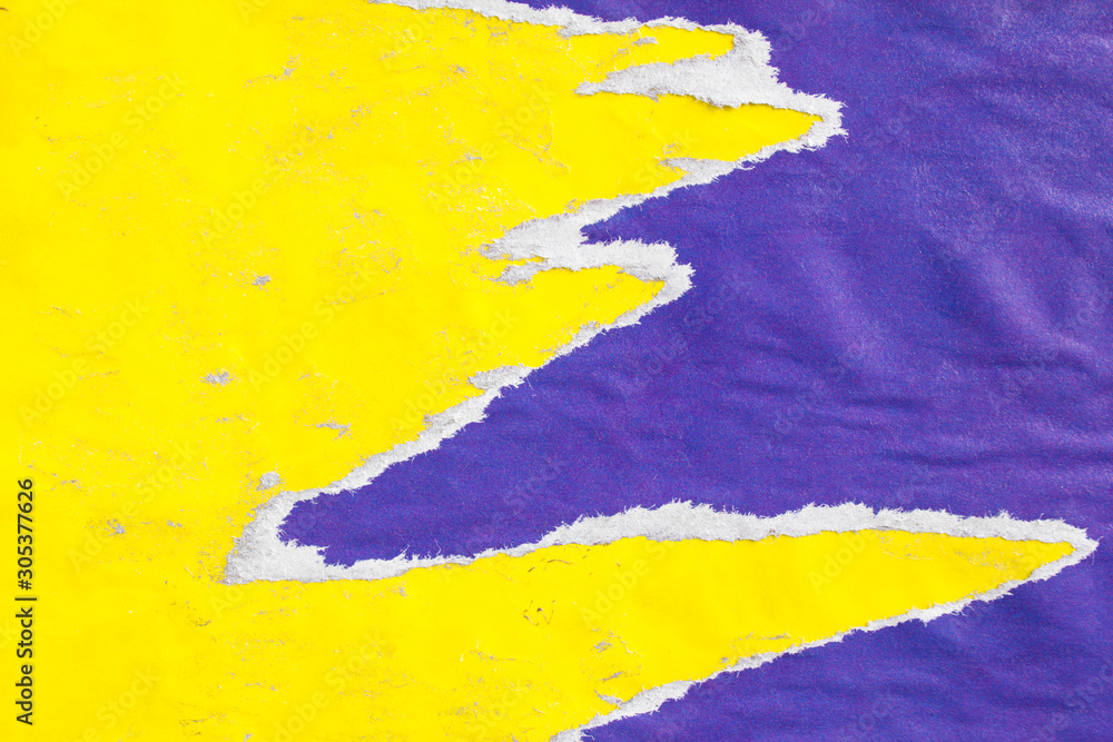 Obraz premium Yellow and purple old crumpled, torn and peeling paper placards with traces of glue texture background.
