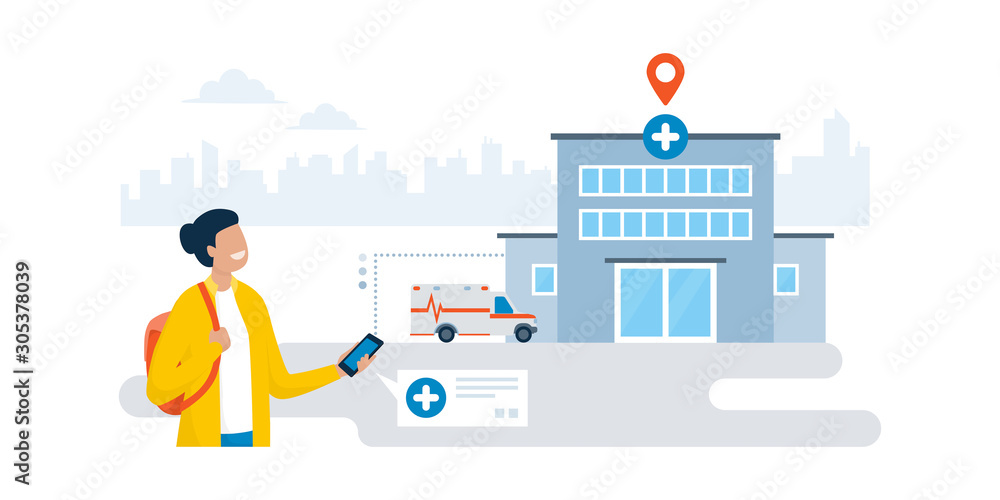 Woman finding a hospital using a navigation app on the phone