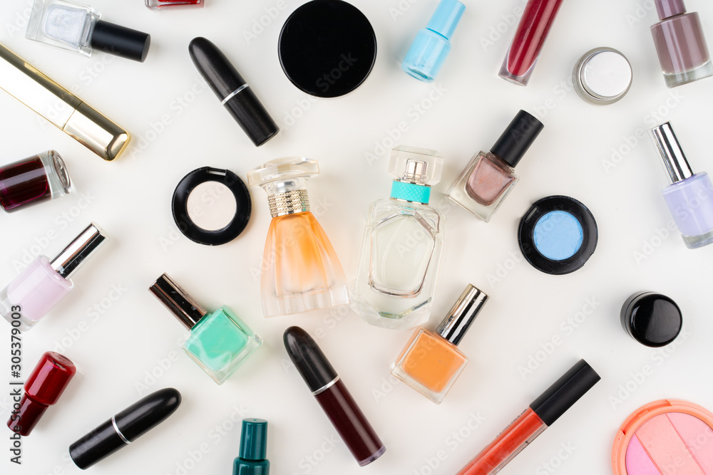 Top view of decorative cosmetic set on white Top view of decorative cosmetic set on white