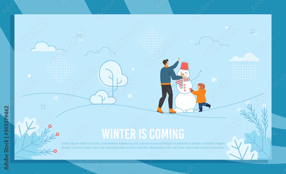 Winter Coming Text Banner with Father and Son