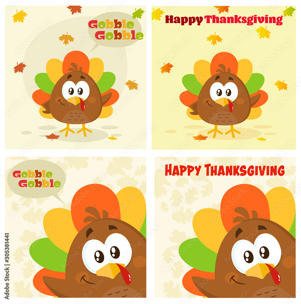 Fototapeta premium Cute Little Turkey Bird Cartoon Character Set 2. Flat Vector Collection