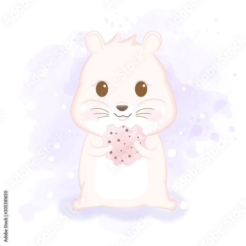 Cute hamster enjoy eating cookie hand drawn animal illustration