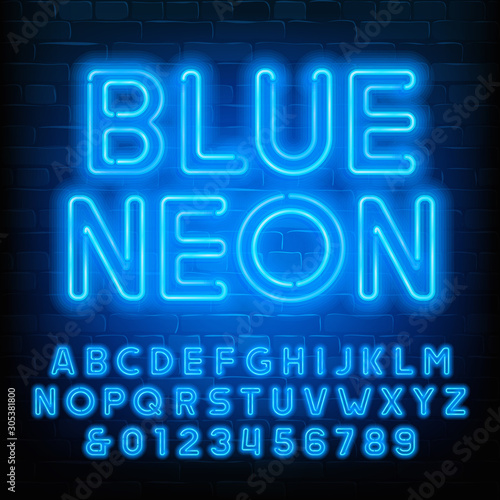 Blue Neon alphabet font. Uppercase neon light letters and numbers. Brick wall background. Stock vector typescript for your typography design.