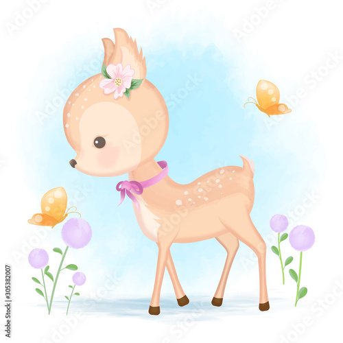 Cute baby deer and butterfly hand drawn animal cartoon illustration